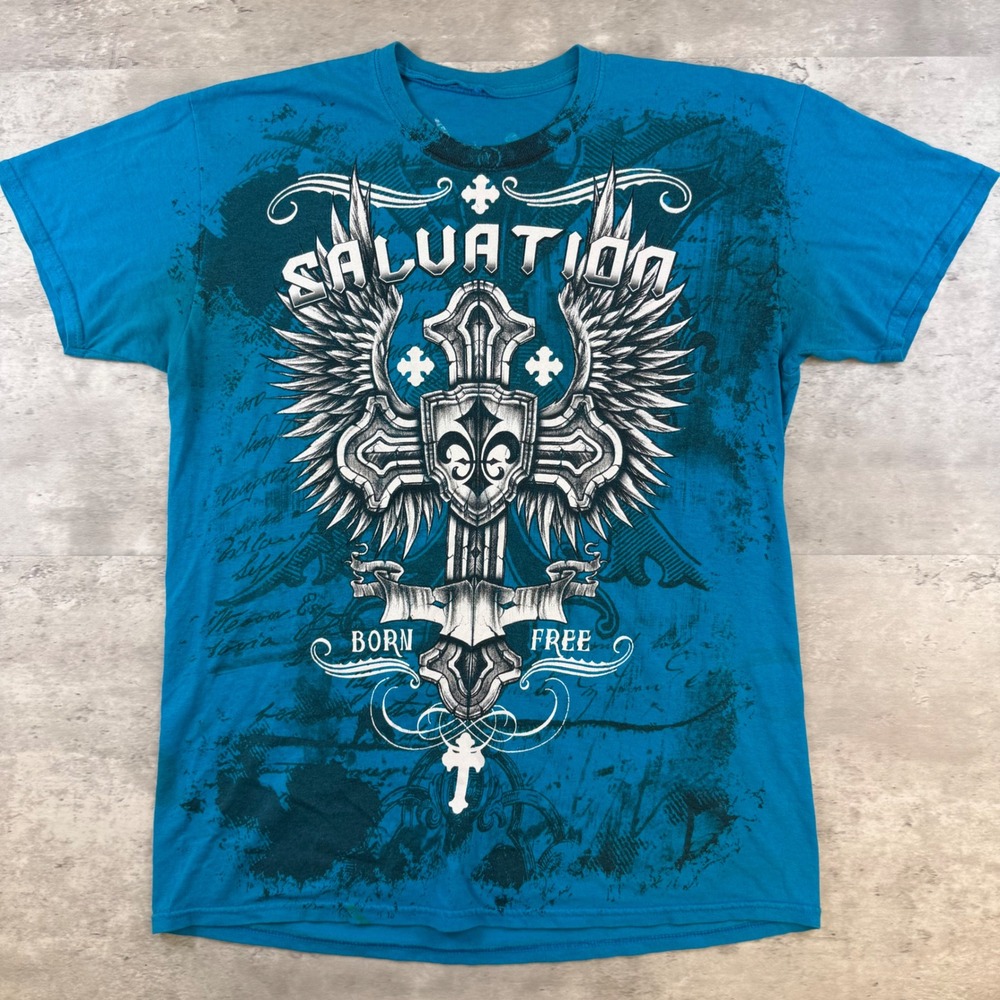 Salvation Born Free Graphic T-Shirt Blue Winged Cross Gothic MMA Mens Medium